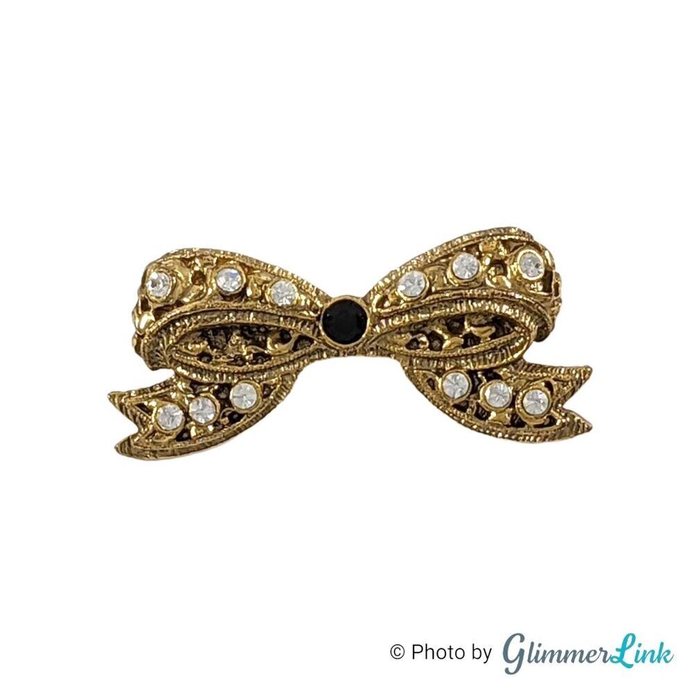 Vintage Gold Tone Bow Brooch – Black and Clear Rhinestones, Victorian Style